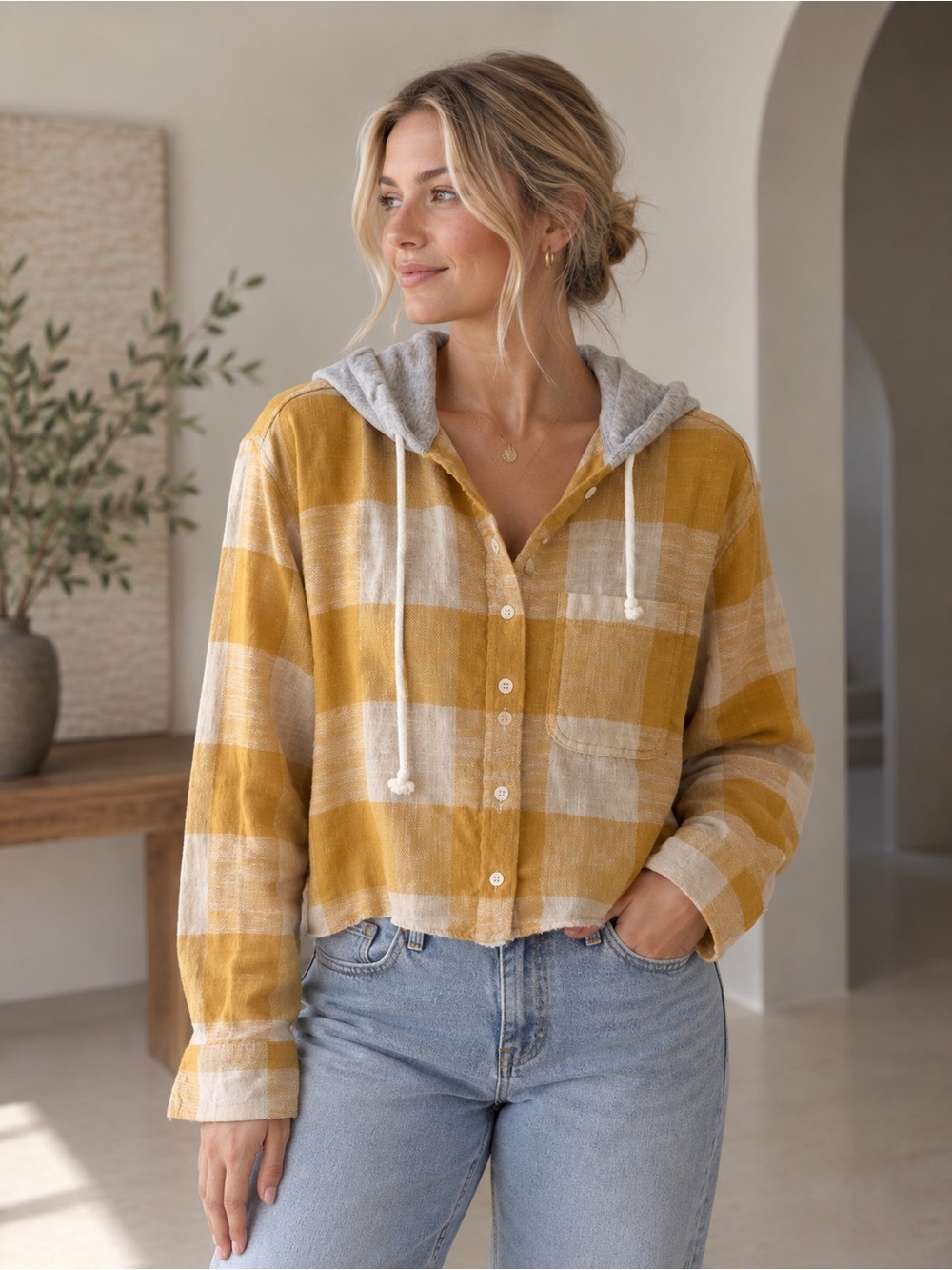 American Eagle Outfitters Flannel Plaid Mustard Hooded Button-Up Top